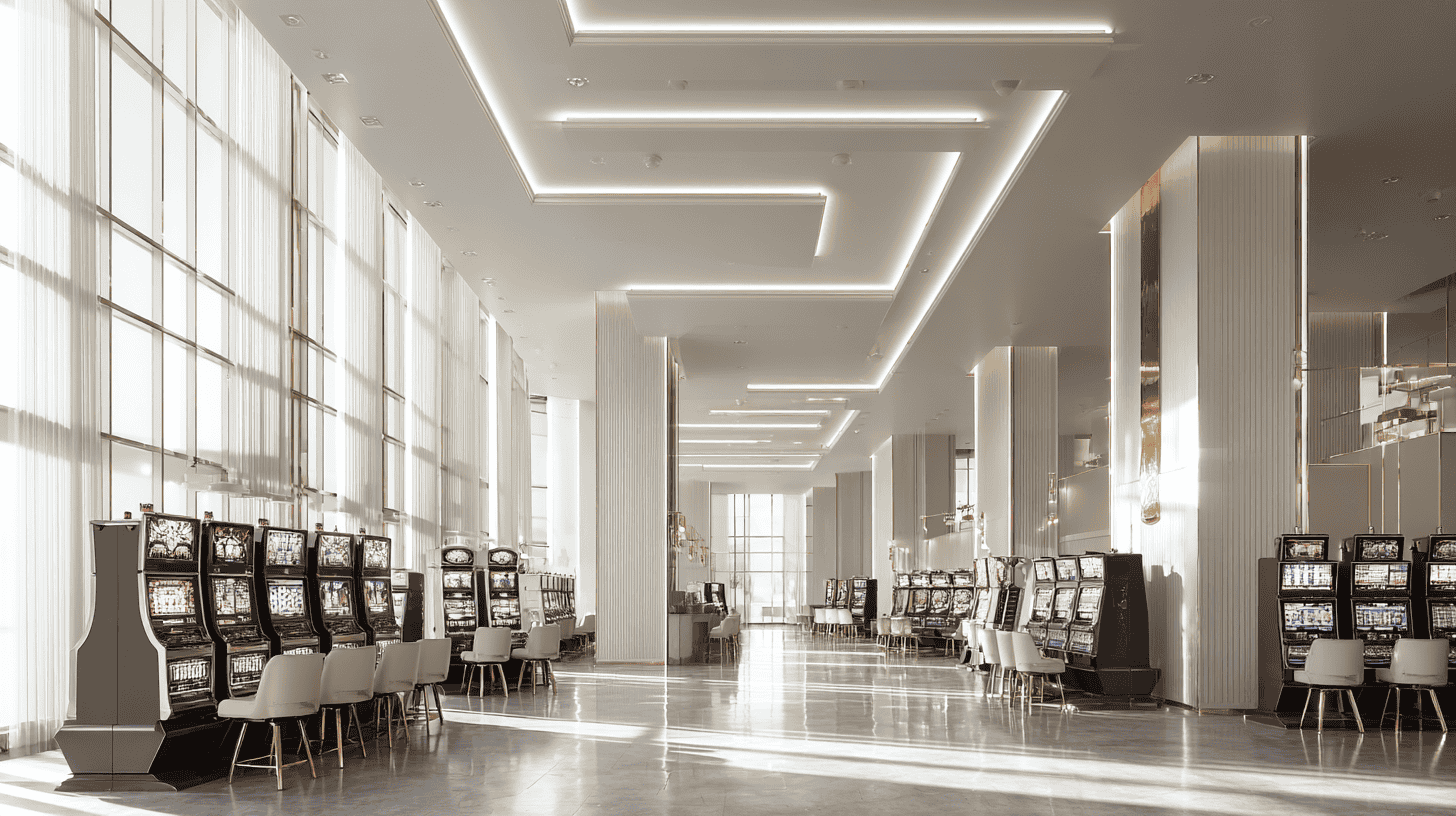Eleganckie wnętrza sali gier z ruletką i stołami do blackjacka